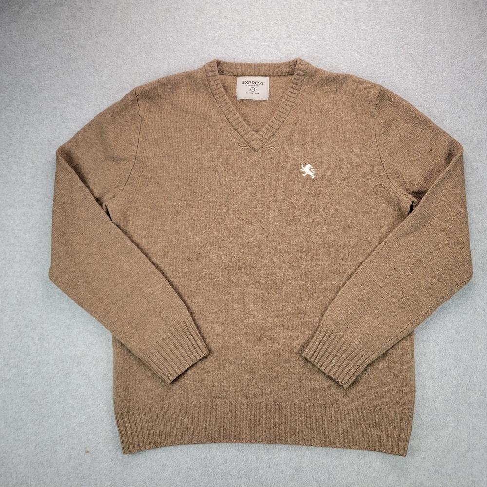 Express V-Neck Sweater Mens Large Brown 100% Lambswool Lion Logo Pullover